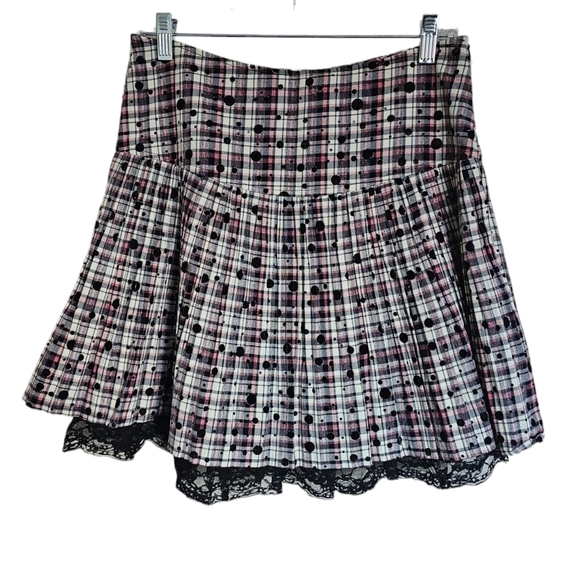 🎈2/40pink/white/black plaid lace trim pleated lightweight handmade skirt linedM - Picture 2 of 6